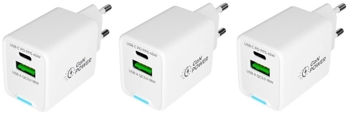 3 stuks OneOne 45W super snellader met 2 poorten. USB C en USB A. Compacte GAN Quick Charge lader. PD PPS oplader adapter past op Sony Xperia 10, 10 II (2), 10 III (3), 10 III Lite (3), 10 IV (4), 10 V (5), 10 VI (5), 10 Plus