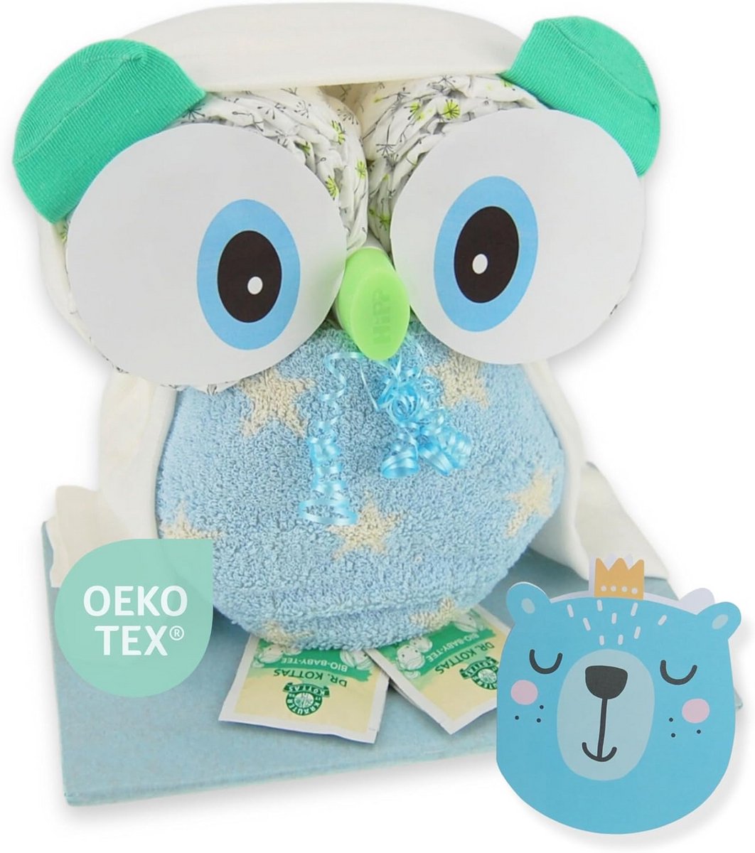 Luiertaart Uil voor jongens - Blauwe luieruil met 28 LILLYDOO luiers | Geboortegeschenk | Doopgeschenk | Baby shower geschenk