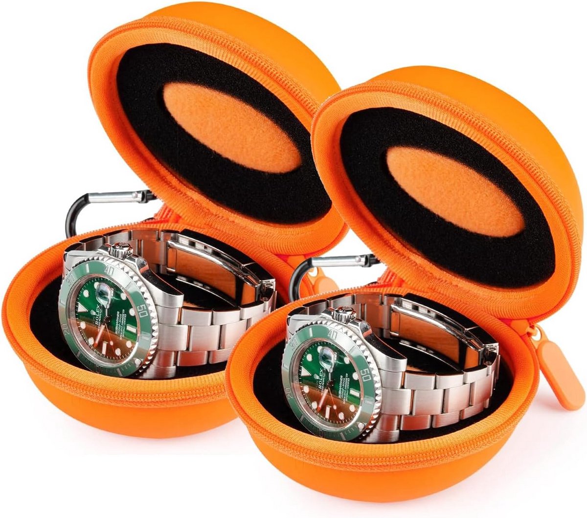 Ronde Horlogehouder met Karabijnhaak - PU Lederen Horlogehoesje met Beschermende Spons - Draagbare Horlogebox voor Mannen Vrouwen - Set van 2 (Oranje)