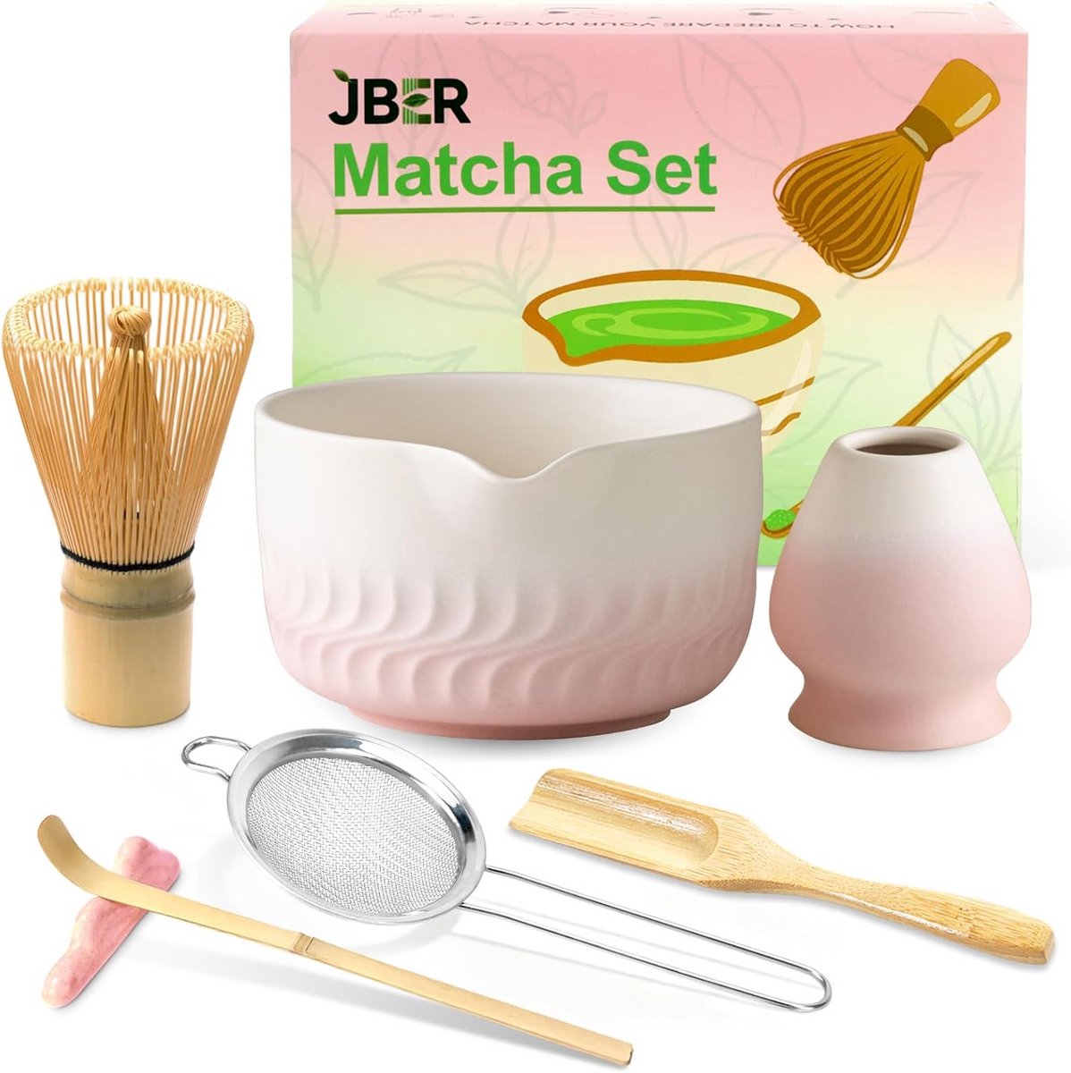 Matcha Set 7-delig - Bamboes Chasen, Kom met Uitgiettuit, Houders en Lepel - Gradient Pink