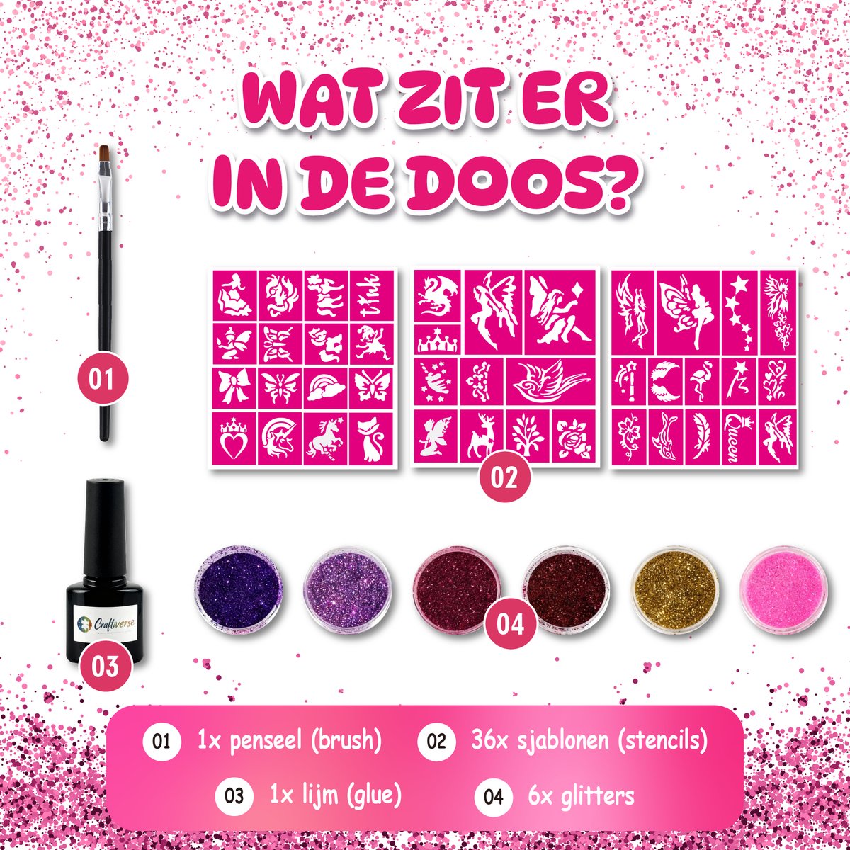 Craftiverse Glitter Tattoo Set – Prinsessen & Feeën Editie – 36 Sjablonen - 6 Kleuren - Schmink Sjablonen - Knutselpakket - Knutselen Meisjes - Huidlijm Voor Glitters - Inclusief Handleiding — afbeelding 5