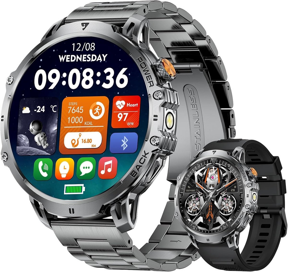 Mannen Militaire Smartwatch met Bluetooth, 100 Sportmodi, IP68 Waterdicht en LED Zaklamp