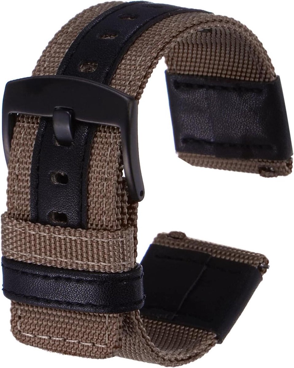 Ronte - Nylon horlogeband 24 mm met snelsluiting canvas en zwarte roestvrijstalen gesp - bruin - voor mannen en vrouwen