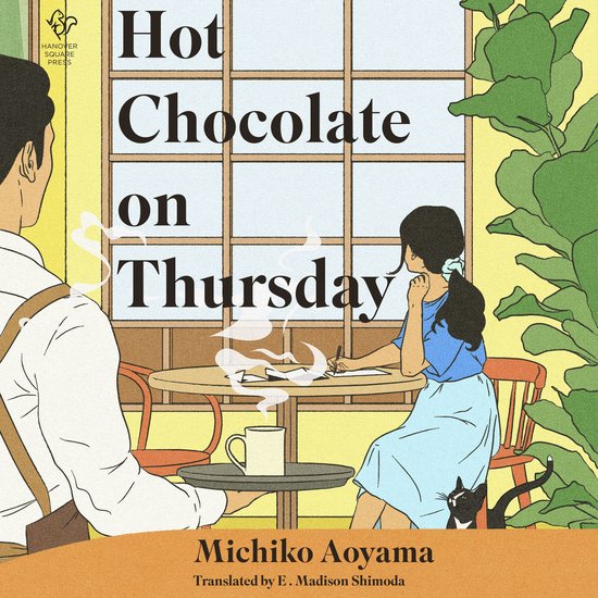 Boek 'Hot Chocolate on Thursday' met illustratie van een meisje dat in een café schrijft, met een man aan de overkant en een kat.
