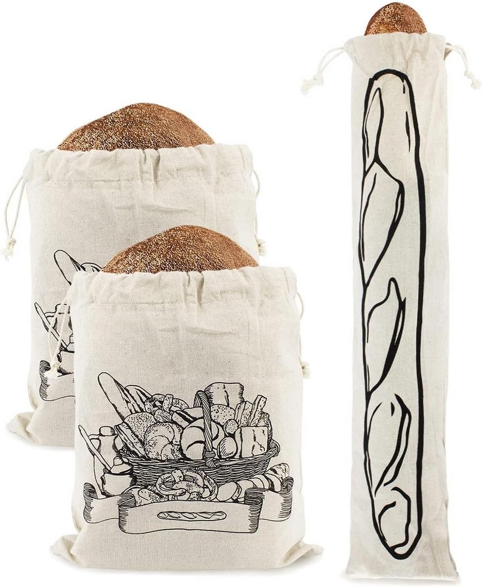 Broodzakken Set van Linnen 32x35 cm – 3 Stuks met Baguettezak – Herbruikbaar Plasticvrij