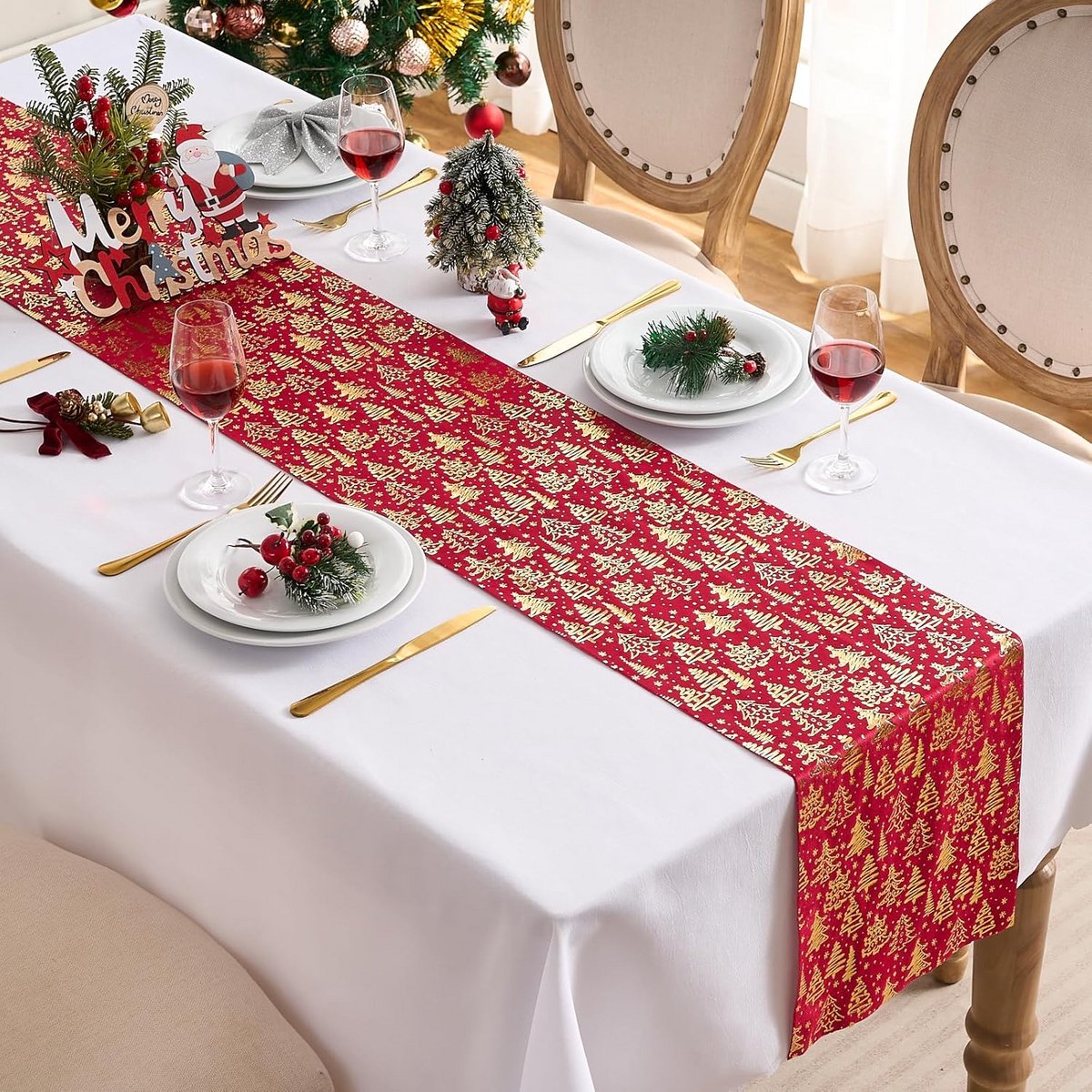 Tafelloper rol 28 x 275 cm rood met gouden glitter kerstmotief