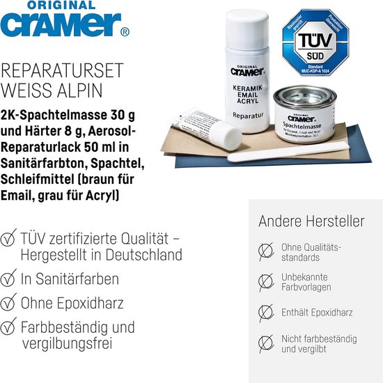 Reparatiekit voor badkuipen, wastafels en douchebakken - 7 reparaties - 2K-plamuur + spray - voor keramiek, email en acryl — afbeelding 3
