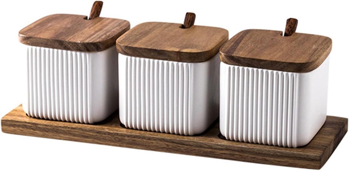Provento - Vierkante Keramische Kruidenpot met Lepel en Houten Deksel - Keukenaccessoire voor Zout, Suiker en Kruiden in Wit ontwerp
