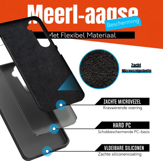 Vue détaillée d'une coque de téléphone noire avec doublure douce en microfibre, noyau antichoc et revêtement en silicone.