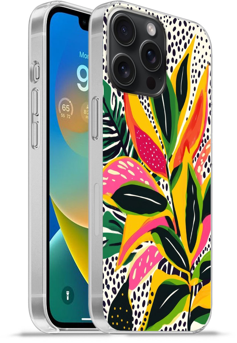 Telefoonhoesje Geschikt voor iPhone 15 Pro Max hoesje - Tropisch - Bladeren - Zwart - wit - Siliconen Telefoonhoesje Telefoonhoesje