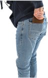Man in spijkerbroek met donkerblauwe trui steekt bruine leren portemonnee in achterzak.
