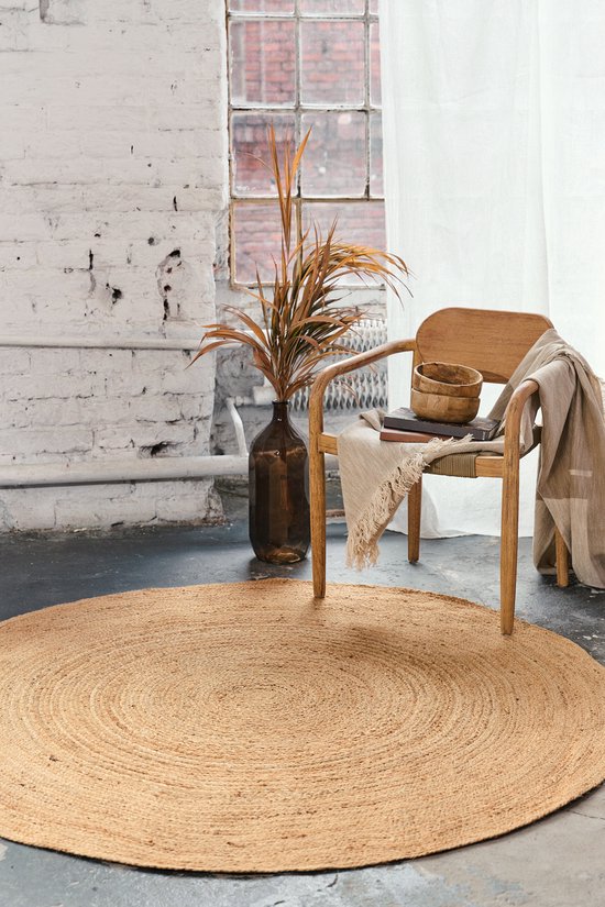 Tapis rond en jute, Boho naturel, tissé à la main, beige, en fibres naturelles, pour salon et chambre - 160 x 160 cm
