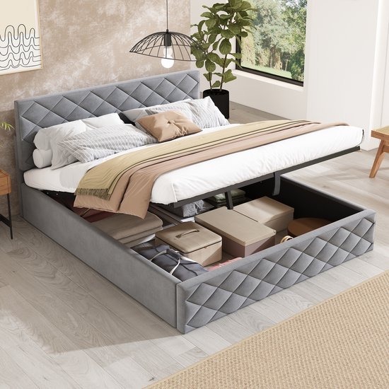 Bed 140x200 cm - Hydraulisch - Grijs fluweel - Lattenbodem - Opbergruimte onder het bed - Elegant design - 300 kg maximaal draagvermogen
