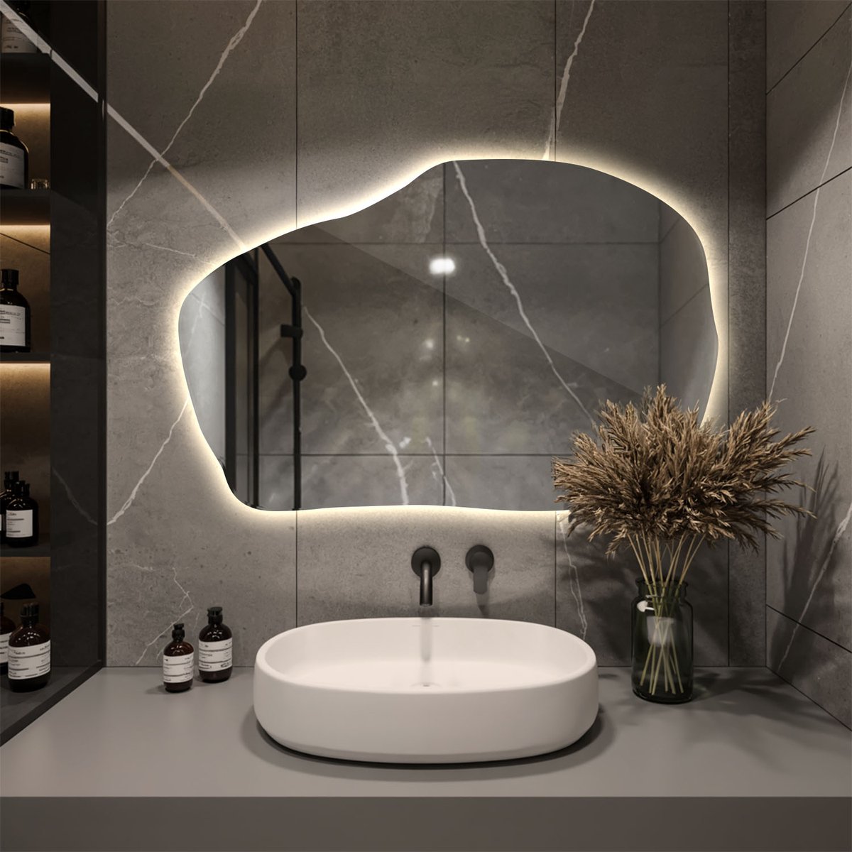 Coloray Toiletspiegel LED - LED Organische Badkamerspiegel - 80 cm x 52 cm - Organische Spiegel Met LED Verlichting - Grote Organische Woonkamer Spiegel LED - Warm Licht - Spiegel Organisch Met Licht - Decoratieve LED Spiegel
