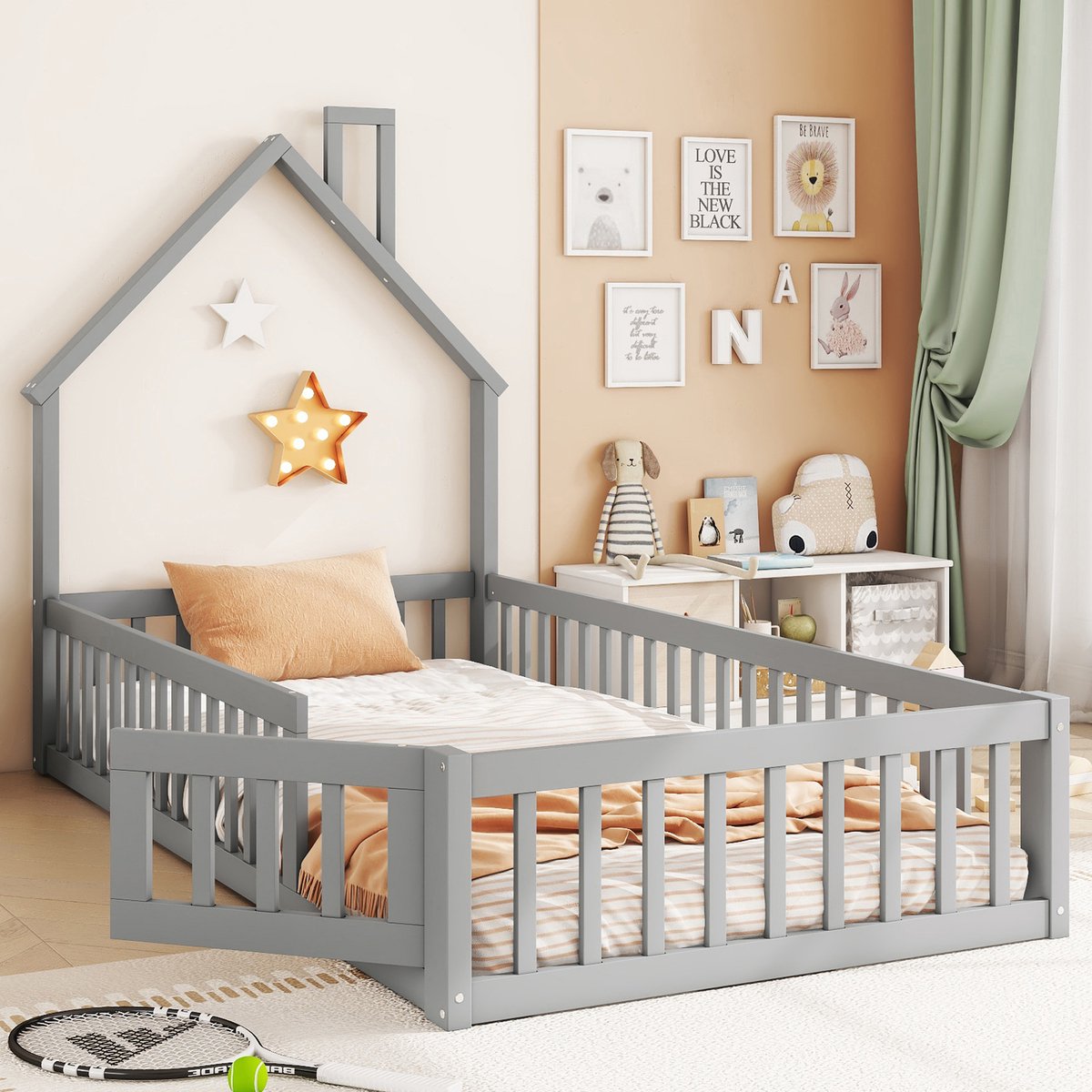 Hausbett kinderbed 90x200 cm - Lattenbodem - Grenen en MDF - Wit/Grijs - Creatief schoorst