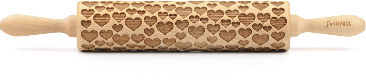 Folkroll deegroller, hartjes, groot, 43 cm, deegroller, embossingroller, patroon, motief, rol, beukenhout, 331415
