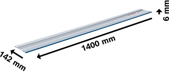 Zilverkleurige Bosch geleiderail, 1400 mm lang, 142 mm breed, 6 mm hoog.
