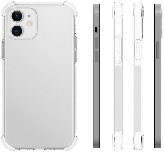 Transparante schokbestendige hoes voor iPhone 12 Mini, getoond vanuit verschillende hoeken.