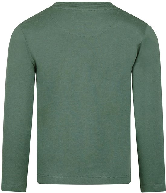 Donkergroene achterkant van een T-shirt met lange mouwen en ronde hals.