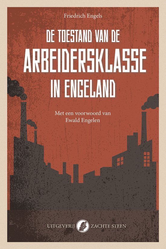 Couverture de livre avec fond rouge et silhouettes d'usines. Titre : La condition de la classe ouvrière en Angleterre.
