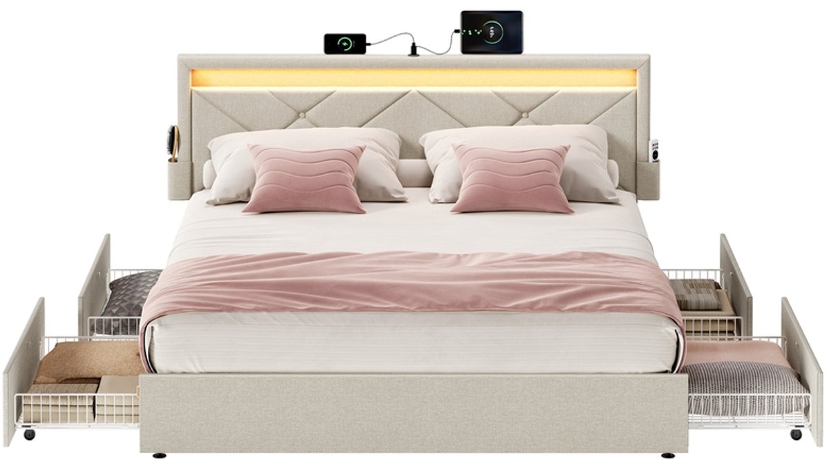 Metalen bedframe met ledverlichting en lades - 149 cm - Cappuccinobeige