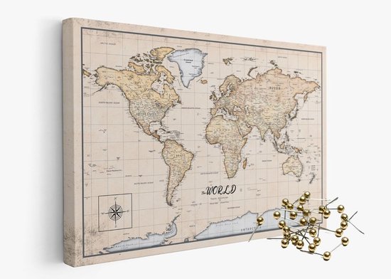 Wereldkaart op Canvas met Prikbaar Kurk en Gouden Pins - Wanddecoratie