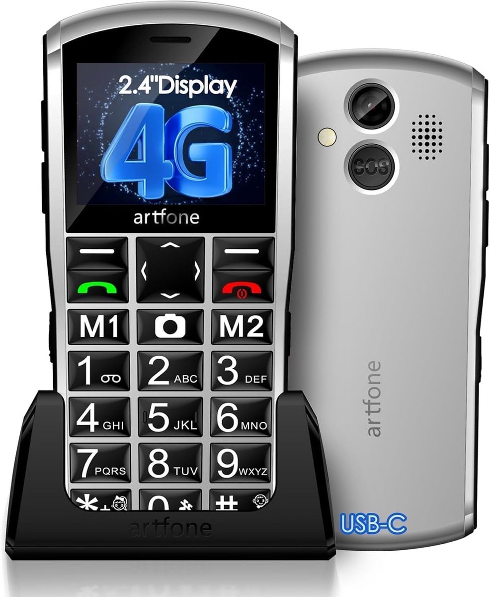 Senioren Mobiele Telefoon Met Grote Toetsen en Oplaadstation - 4G, SOS-knop, USB-C