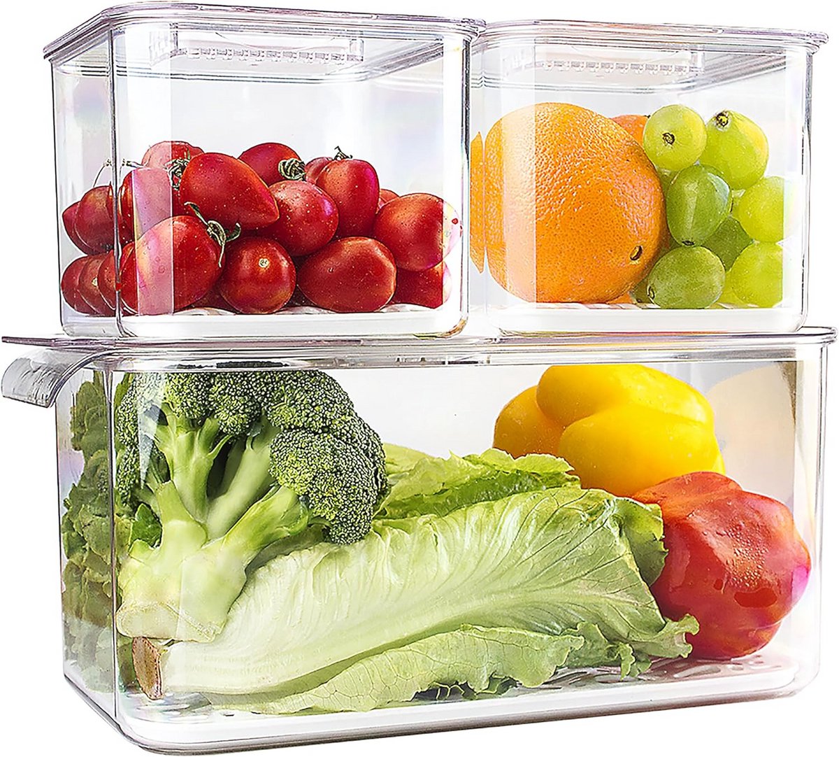 3-delige Stapelbare Koelkast Organizer Set met Deksel en Afvoerbak voor Groenten en Fruit