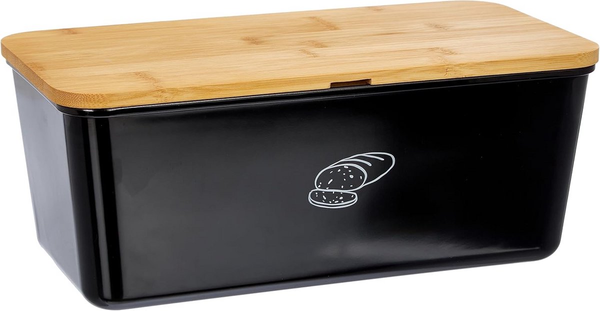 Broodtrommel met Losse Snijplank - Bamboe en Zwart Broodopslag - 36x20x14 cm