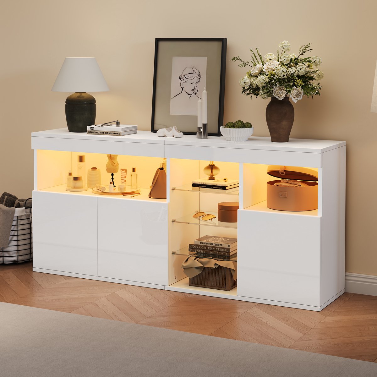 Sweiko Dressoir - Halmeubel - LED-verlichting - Hoogglans - Glazen planken - Wit