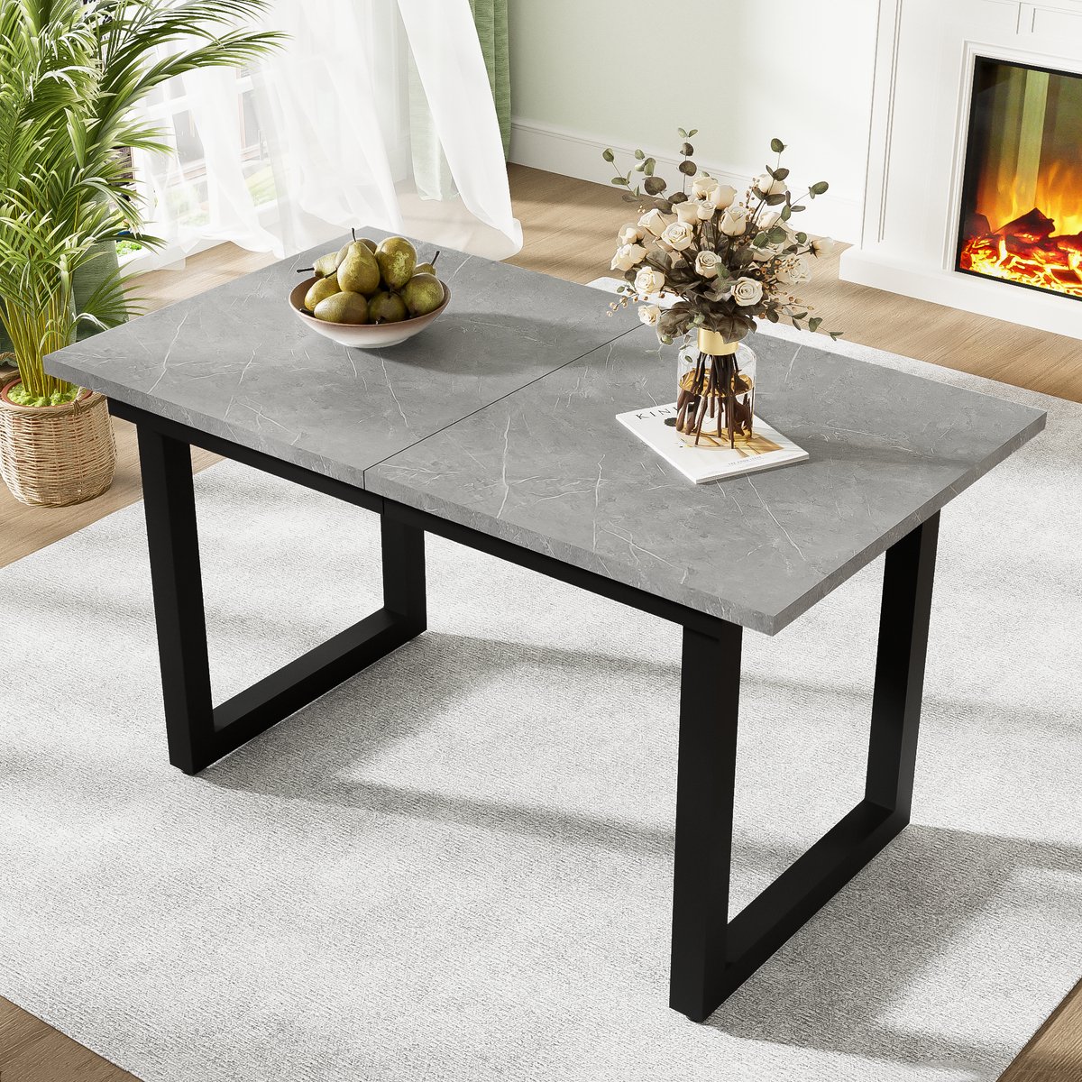 OKWISH Eettafel Uittrekbaar – Industrieel Model – Rechthoekig – 60 kg Draagkracht – Uitschuifbaar 140/180x80x75 cm – MDF Met Stalen Frame – Betonlook + Zwar Grijs