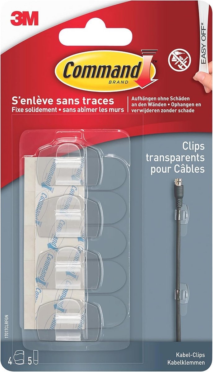 Kabelclips voor kabelorganisatie - Transparante kunststof clips voor kabels tot 5 mm, maat S - Set van 4 clips en 5 strips