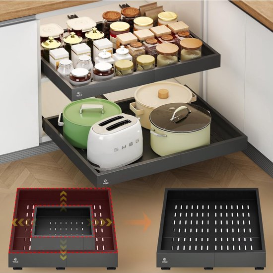Tiroirs de placard de cuisine coulissants avec des pots, un grille-pain et des bols. Mécanisme extensible.