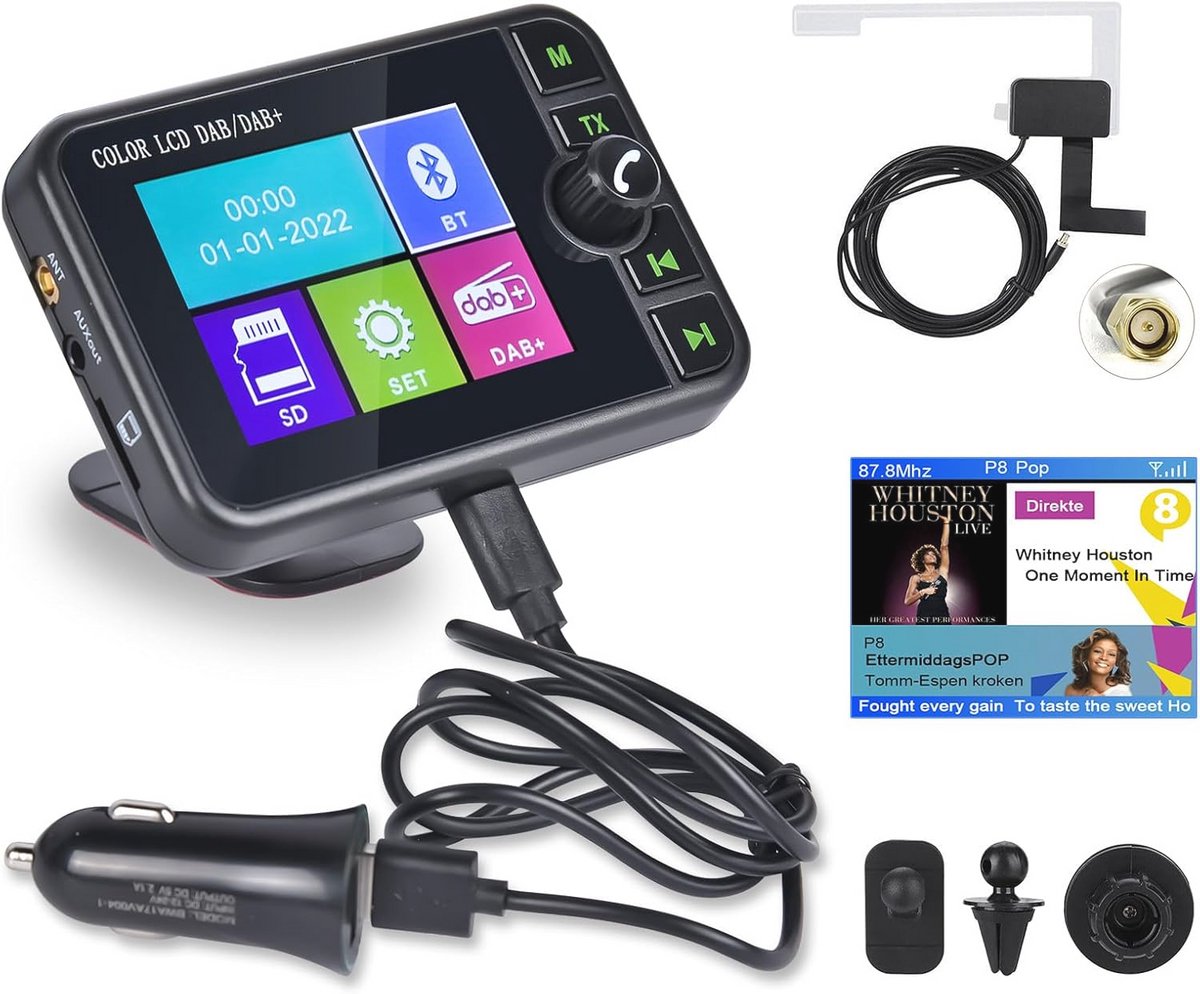 DAB/DAB+ Autoradio Adapter met 2,4 Inch Kleurrijk LCD-scherm, Bluetooth, AUX en TF Kaart