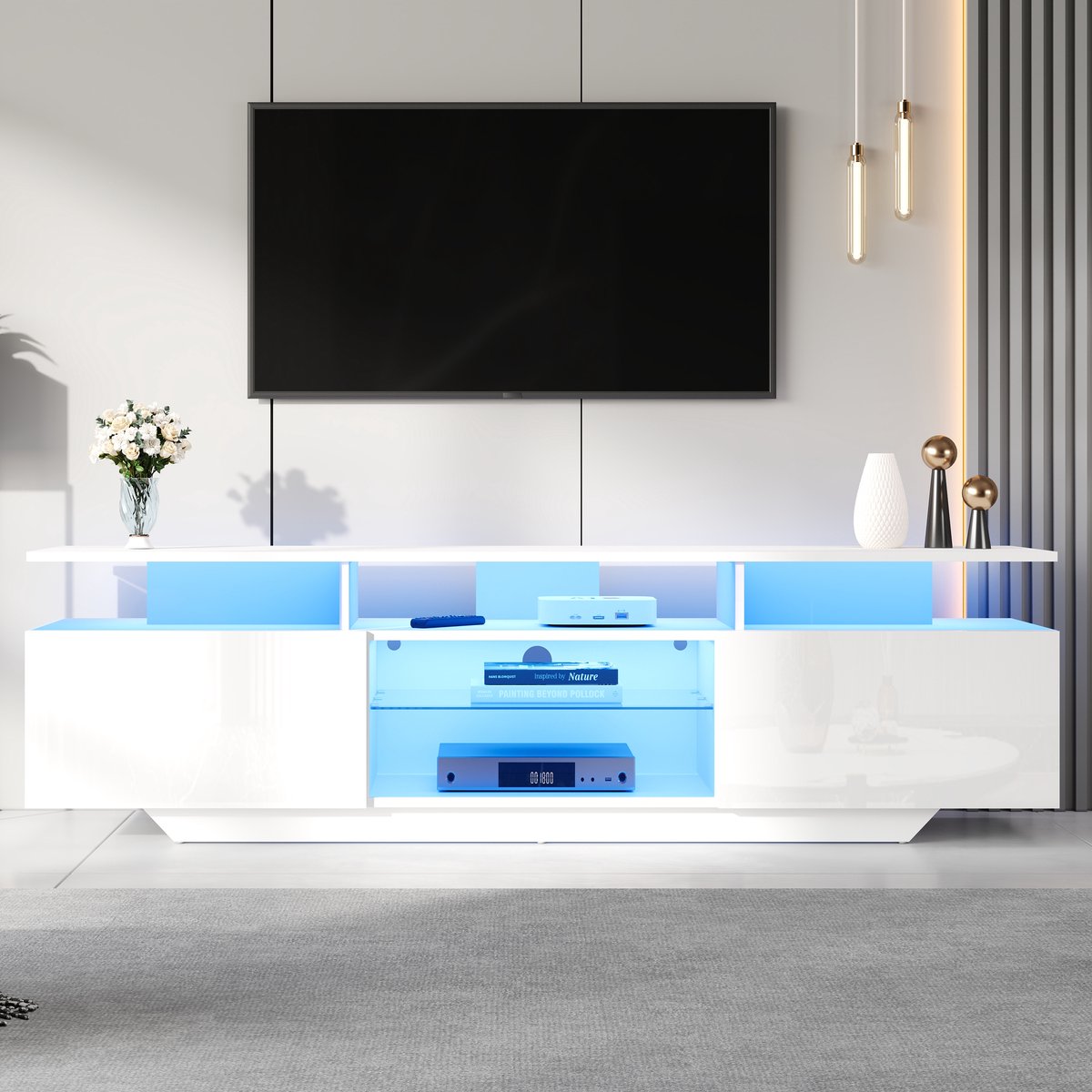 MODFU TV-meubel 160x40x45 cm van MDF en glas, wit, 2 kasten en LED-lichtstrepen met app-bediening
