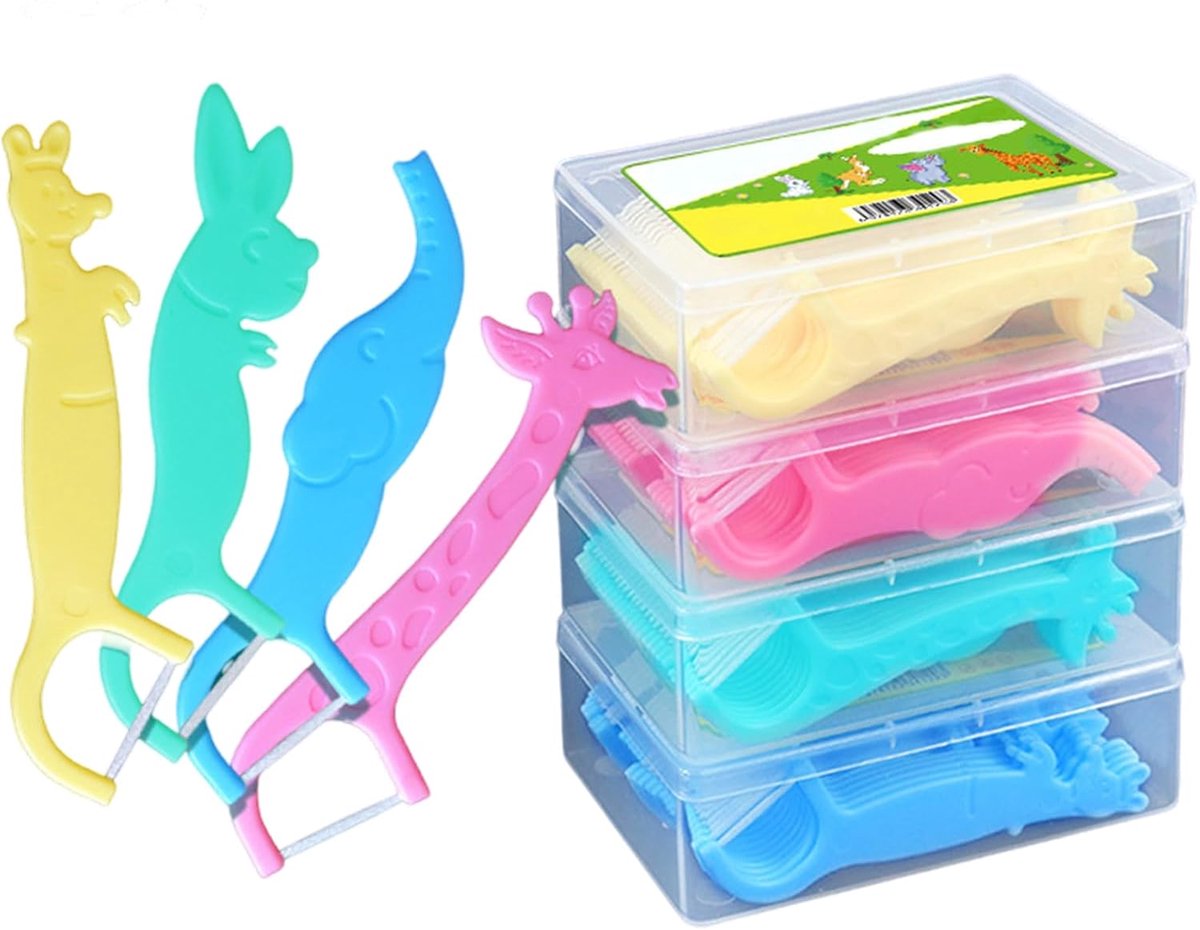 Dental Floss voor Kinderen - 80 Stuks Floss Sticks - 4 Dierlijke Vormen - Ungewas - Fluoride Vrij - Tanden Draad - Mondverzorging - Interdentale Flossers met Y-Vormig Ontwerp - Wegwerp