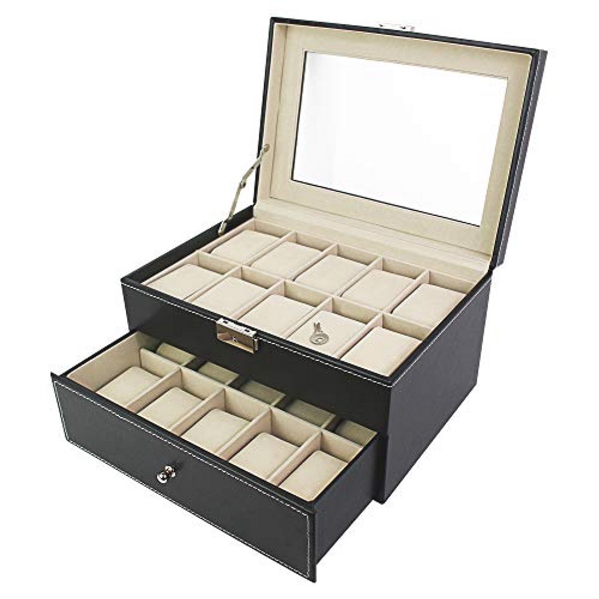 Elegante Horlogedoos voor Sieraden - Opbergkoffer voor Horloges en Armbanden - 20 Horloges Capaciteit - Zwart-Beige