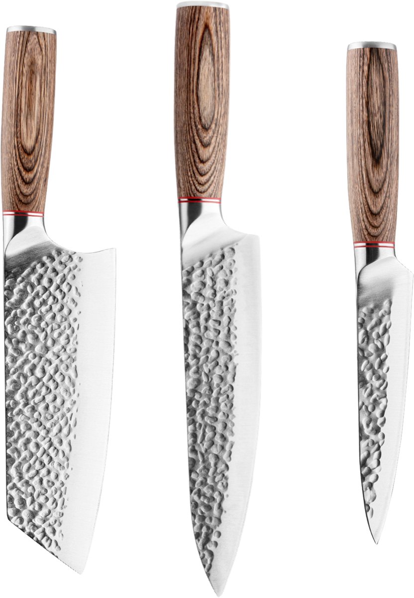Dastium Home - 3 Delige Hamerpatroon Messenset - Damascus Stijl Japanse Keukenmessen - Messen Met Damascus Print - Met Ergonomisch Pakkahouten Handvat - Koksmes - Nakirimes - Universeel mes