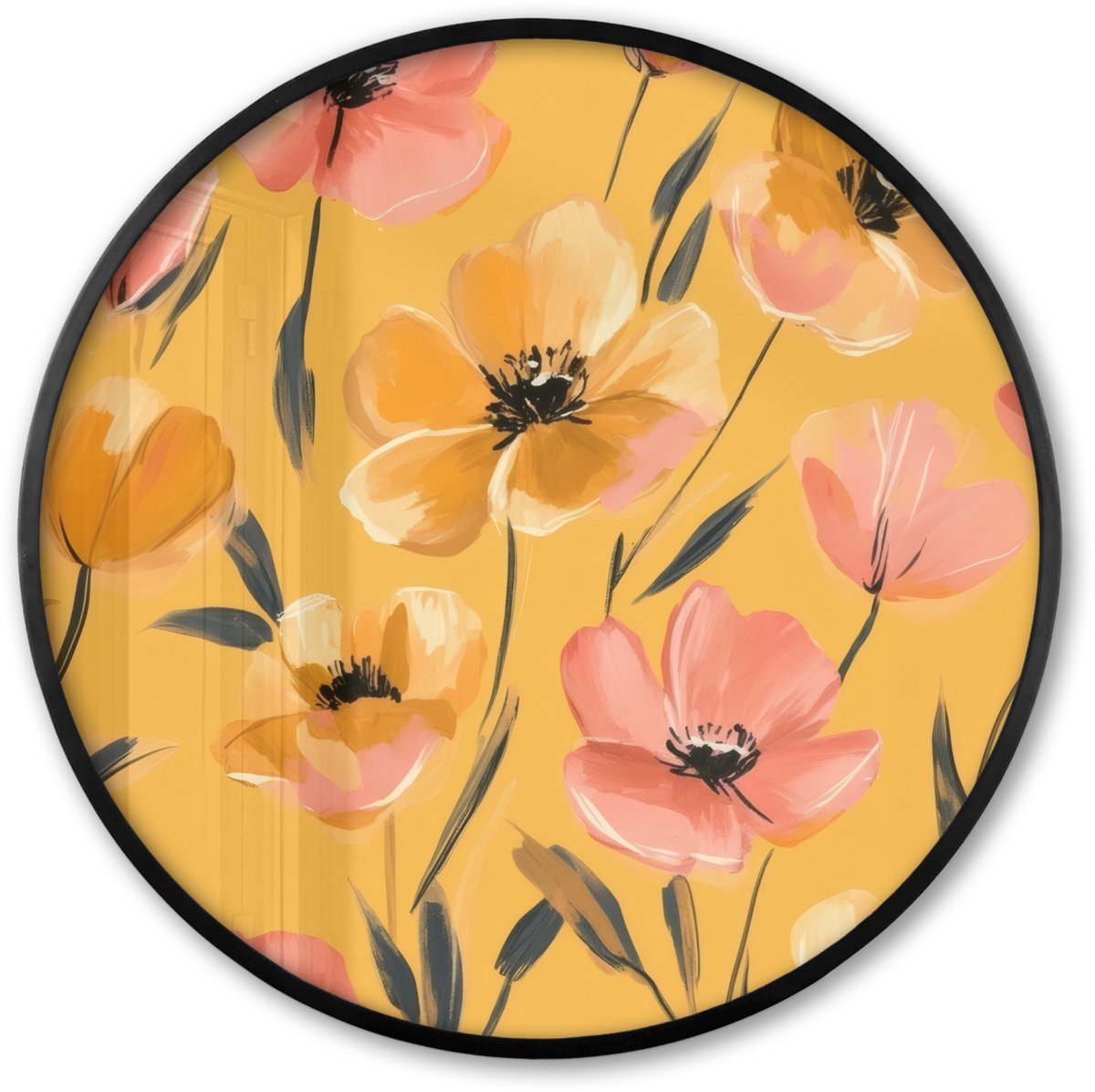 FrameYourWall Poster in lijst Rond - Fotolijst 60x60 cm - Posters - Bloemen - Geschilderd - Geel - Ronde posterlijst zwart - Decoratie - Wanddecoratie woonkamer - Muurdecoratie slaapkamer