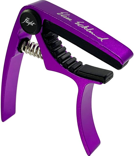 Paarse Flight ukulele capo met 'Flight' logo en 'Elise Ecklund' handtekening.