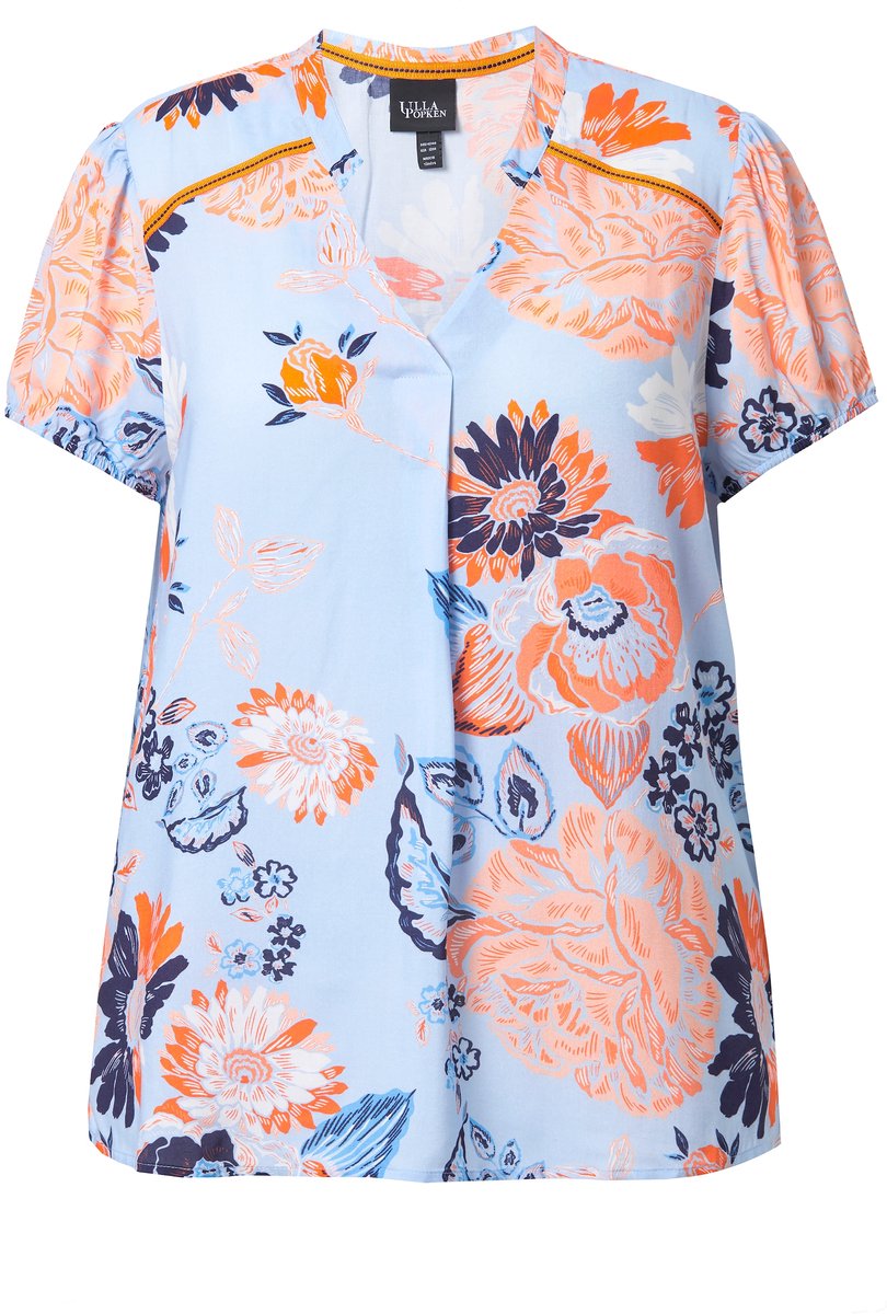Ulla Popken - Dames - Tuniek bloemen opstaande kraag V-hals halve mouwen - Hemelsblauw - Maat 62+