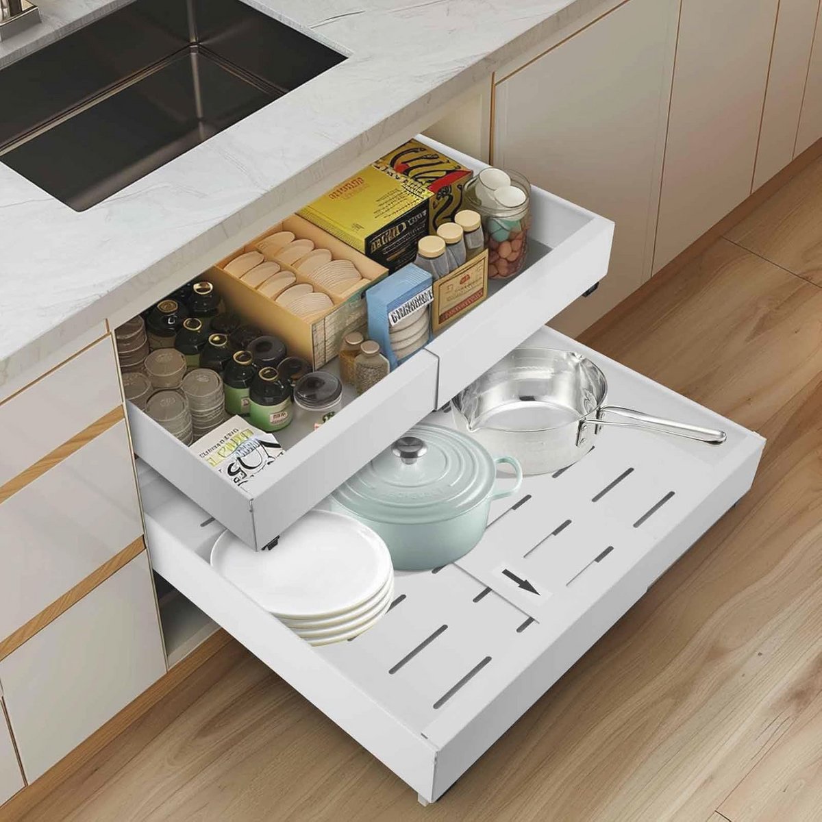 Uittrekbare kastorganizer met zware schuifladen voor keuken en badkamer