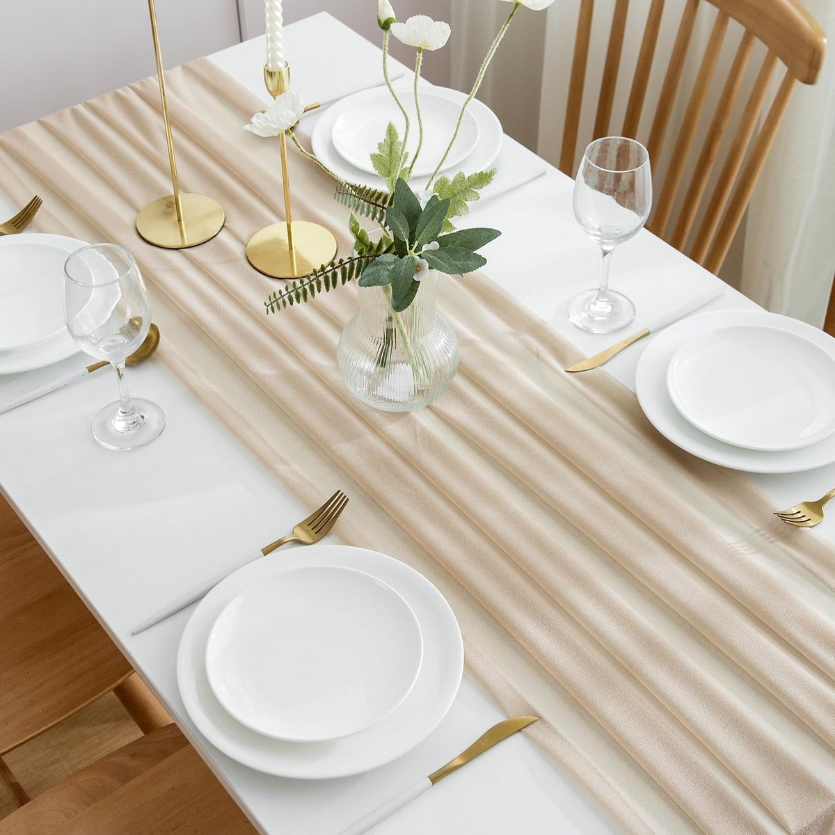 6x Lange Champagne Chiffon Tafel Loper voor Bruiloft en Tafeldecoratie