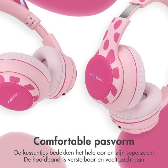 Close-up van de roze koptelefoon, met comfortabele oorkussens en verstelbare hoofdband.