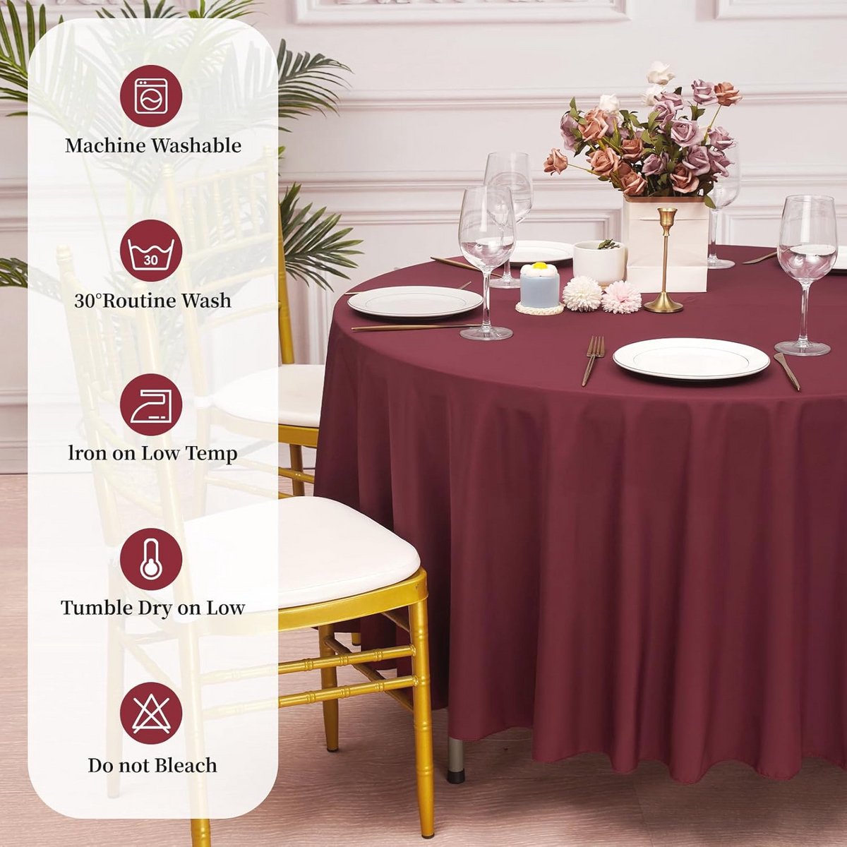 Ronde Tafelkleed Burgundy 90 Inch - Waterdicht en Vlekbestendig - Set van 4 Stuks