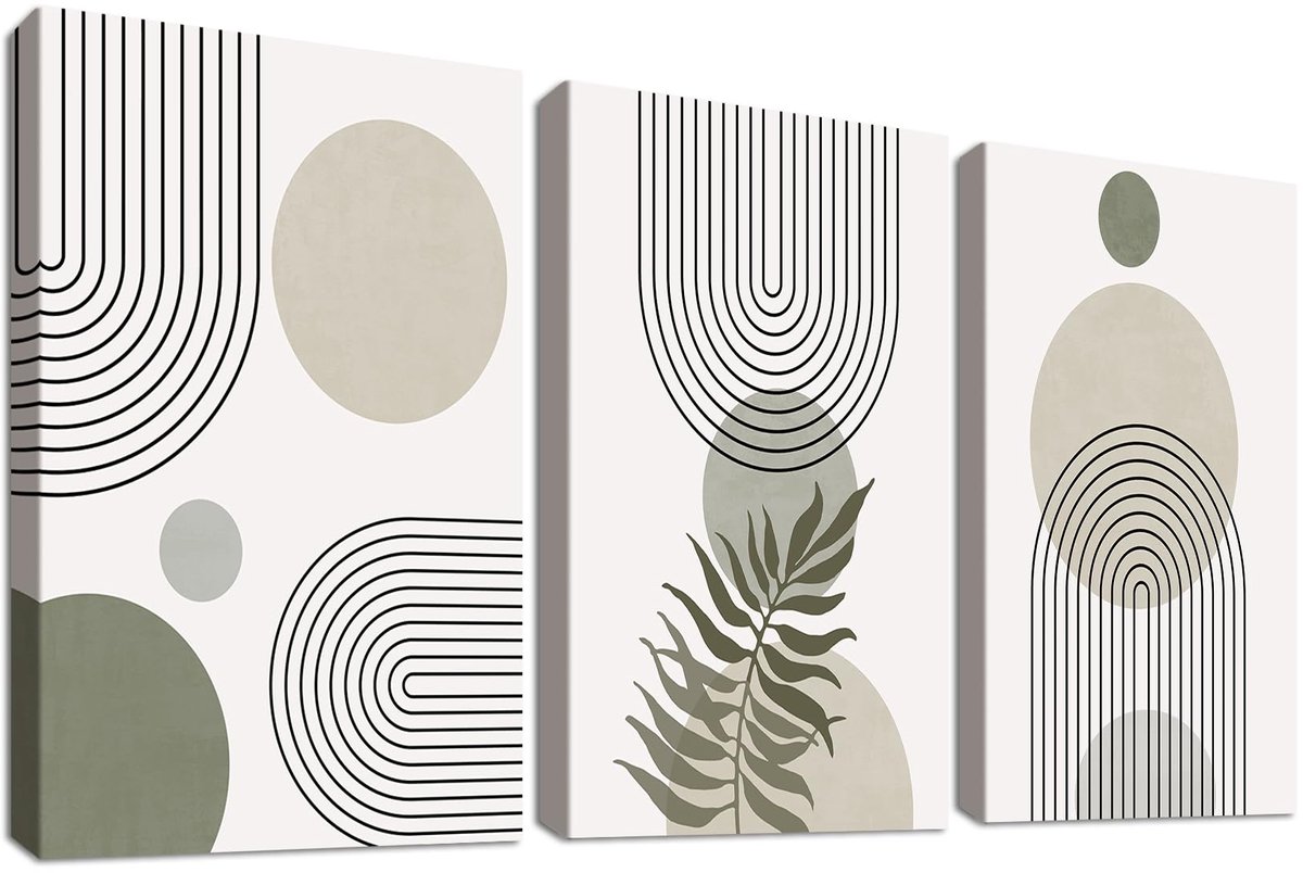 Unyqoos Set van drie abstracte bohemien canvas schilderijen met lijst voor wanddecoratie 90 x 40 cm saliegroen