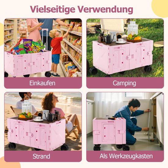 COSTWAY Bolderkar, opvouwbaar, handwagen met tafelblad, 2 opbergkisten, verstelbare handgreep en bekerhouders, 150 l, tuinwagen tot 60 kg belastbaar, transportwagen voor camping (roze) van Merkloos — afbeelding 4