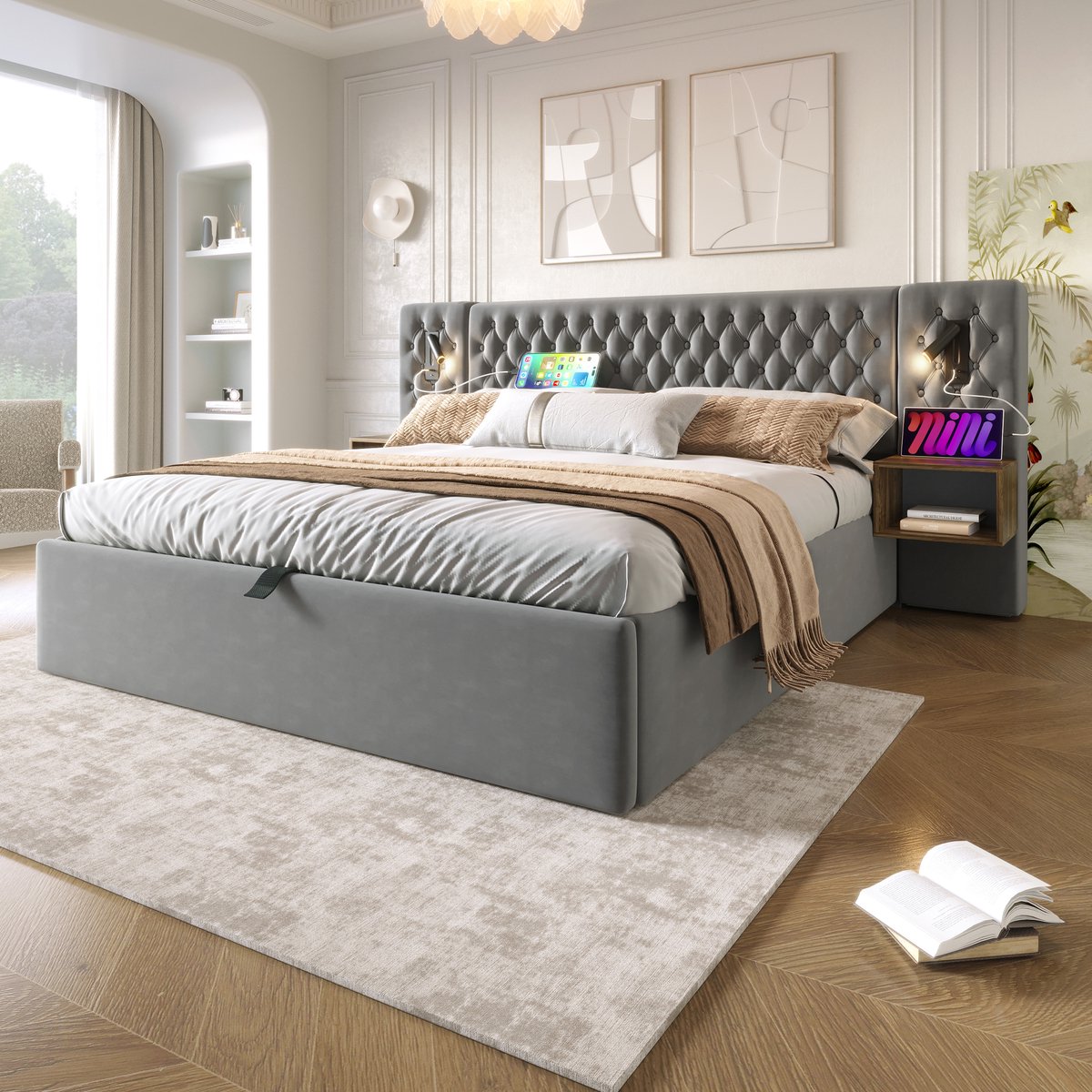OKWISH Gestoffeerd Bed 160x200 cm - Hydraulisch Opbergbed Met Nachtkastjes En USB/Type-C - Fluweel Met Lattenbodem - Grijs - Zonder matras
