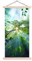 Posterhanger incl. Poster 60x120 cm - Schoolplaat - De zon schijnend door de bossen van een regenwoud in Maleisië - Textielposter - Blanke latten