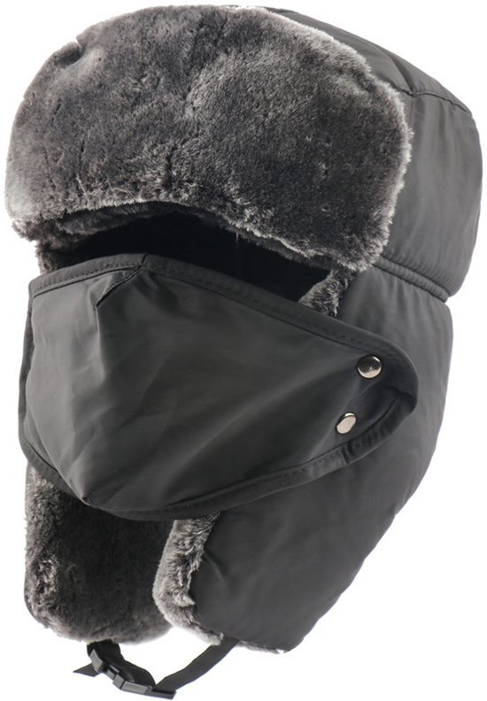 Warme wintermuts - Oorkleppen - Unisex - Sneeuwdichte en warme pilotenmuts - Winddichte muts van imitatiebont - Afneembaar gezichtsmasker - Geschikt voor skiën, schaatsen en andere buitenactiviteiten - Zwart
